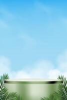 Sky Blue,Cloud Background on Green Podium and Palm leaves for Cosmetic Skincare Product Presentation.Minimalist background 3d Abstract Step Display Nature Cloudy Sky for Summer Beauty Backdrop Design vector