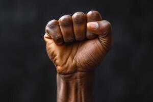 Raised fist of an African American black man in the background. Unity, solidarity, protest. black history month photo