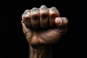 Raised fist of African American black man in the background. Unity, solidarity, protest. Concept of black history month photo