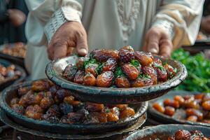 Muslim man is holding plate of food with dates on Eid Mubarak on Ramadan photo