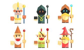 Cnomes Dwarves with Magical Staves Set, Fairy Tale Design Elements, Fantasy Game Heroes Illustration vector