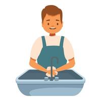 Plumber washing hands with soap and water in sink vector