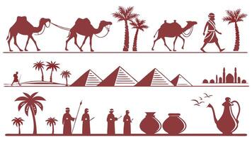 Ancient Desert Cultures Icon Set with Camels, Pyramids, and Oases vector