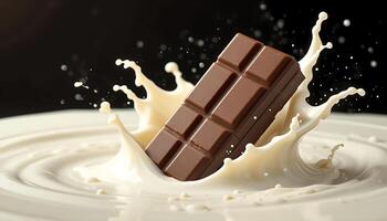 Chocolate Bar Dipped into a Splash of Milk with Dynamic Motion and Rich Brown Background photo
