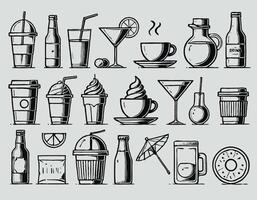 Set of hand drawn doodle drinks icons isolated. Set of bottles and glasses. Alcoholic drinks. Minimalist clear silhouettes of various items on a white background, drink theme, sharp lines. vector
