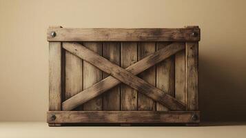 Studio photography of wooden crate box displaying detailed grain texture and cross-braced construction design, isolated on beige background with soft shadows. container photo