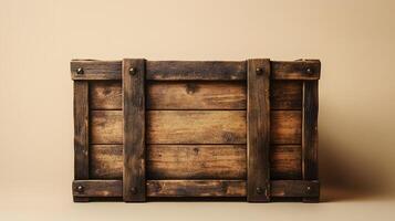 Studio photography of wooden crate box displaying detailed grain texture and cross-braced construction design, isolated on beige background with soft shadows. packaging photo