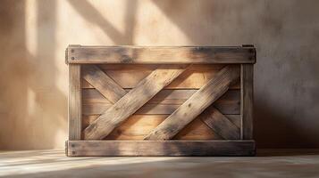 Studio photography of wooden crate box displaying detailed grain texture and cross-braced construction design, isolated on beige background with soft shadows. storage photo