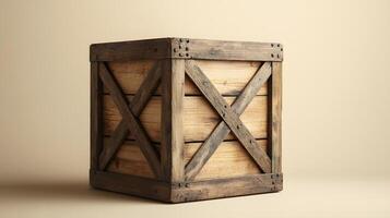 Studio photography of wooden crate box displaying detailed grain texture and cross-braced construction design, isolated on beige background with soft shadows. natural photo