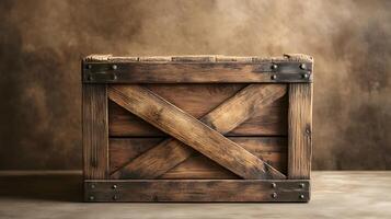 Studio photography of wooden crate box displaying detailed grain texture and cross-braced construction design, isolated on beige background with soft shadows. material photo