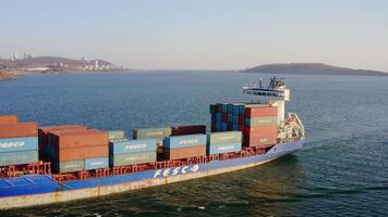 Drone view of a container ship in motion video
