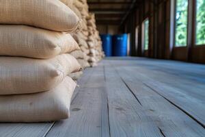 Stacks of burlap sacks on a wooden floor in a warehouse photo