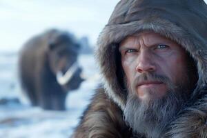 Portrait of a man with a long beard in a fur coat on the background of a wild extinct animal photo