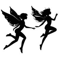 Silhouettes of Two Dancing Fairies in Playful and Whimsical Poses vector