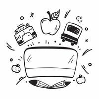 School Bus Border with Apples and Welcome Back Wording concept as A vibrant border frame featuring a yellow school bus apples and colorful crayons The words Welcome Back are promi Clean Set 9 vector