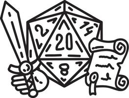 DND Dice with sword and shield. Rpg game character. Fantasy icosahedron wargame. 20-sided tabletop icon, cartoon style on white background vector