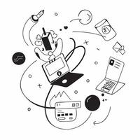 Glossy abstract shapes surrounding a figure in a flexible workspace with multiple devices concept as Camera movement Pan across the abstract shapes that symbolize digital connectiv pure Set 4 vector
