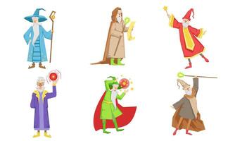 Old Fairytale Wizard Characters Set, Male Magician or Warlock in Hat and Mantle Practicing Wizardry Illustration vector