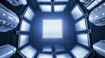 An intricate shot of the softboxs inner lining revealing layers of diffusion material that enhance light quality surrounded by the bright glow of multiple LED panels emitting a sof photo