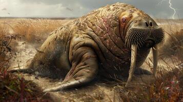 A surreal walrus-like creature resting in a stormy landscape, surrounded by tall grass and dark clouds photo