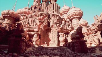 A lion statue standing in front of a majestic stone temple video