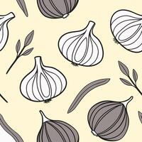 Seamless pattern of garlic and leaves on yellow background vector