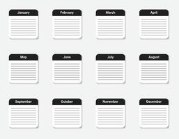 A yearly calendar in the English language. Blank note for to do list. Planner of friends birthdays in English. Empty cells of planner. Monthly organizer calendar vector