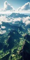 Stunning mountain landscape with lush green valleys and clouds photo