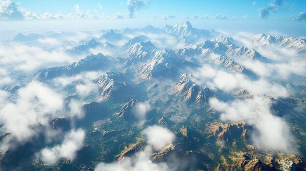 Breathtaking aerial view of snowy mountain peaks and clouds photo