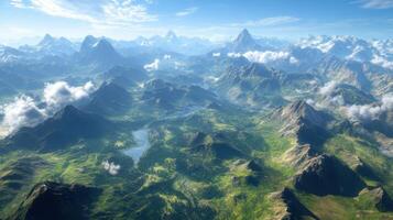 Majestic mountain landscape with lush valleys and clear skies photo