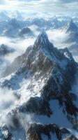 Snow-covered mountain peaks rise above the clouds in daylight photo