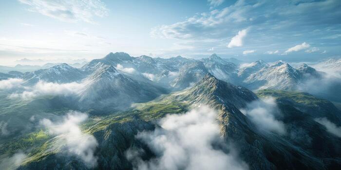 Scenic mountain landscape with clouds in the distance photo