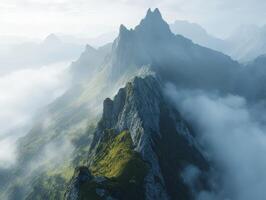 Majestic mountain peaks shrouded in mist in early morning light photo