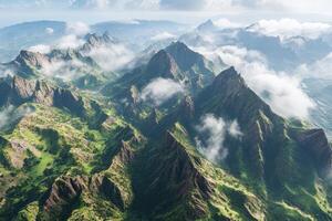 Majestic mountain landscape with lush greenery and clouds photo