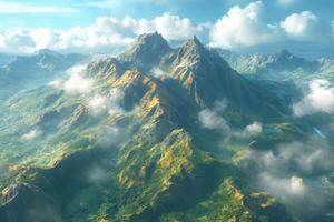 Majestic mountain range under a blue sky with clouds photo