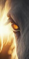 Close-up view of a horse's eye reflecting sunset colors photo