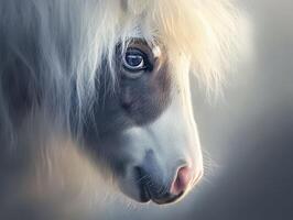 Majestic white pony with a flowing mane in soft light photo