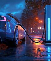 Electric car charging at night in a vibrant urban setting photo