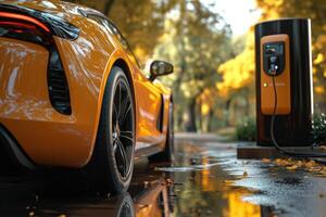 Electric vehicle charging in a sunny autumn park setting photo