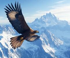 Majestic eagle soaring above snowy mountain peaks photo