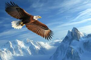Bald eagle soaring over majestic snow-capped mountains photo