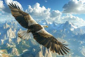 Majestic eagle soaring above mountain peaks during daylight photo