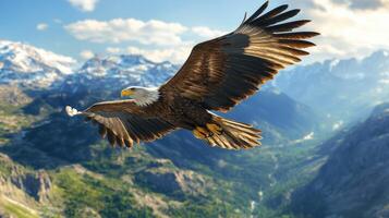 Majestic eagle soaring over mountain landscape with wings spread photo
