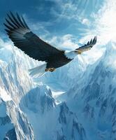 Majestic eagle soaring above snow-capped mountain peaks photo