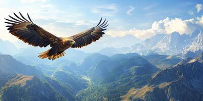 Eagle soaring over majestic mountains in bright sky photo