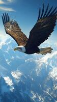 Bald eagle soaring above majestic mountain range in daylight photo