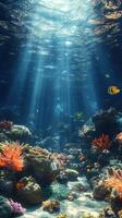 Beautiful coral reef with vibrant marine life illuminated photo