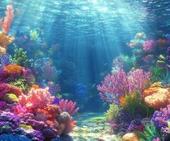 Colorful coral reef thriving under sunlight in clear water photo