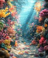 Colorful coral reef teeming with life beneath clear water photo