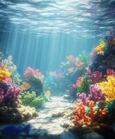 Colorful coral reef underwater with sunlight filtering through photo